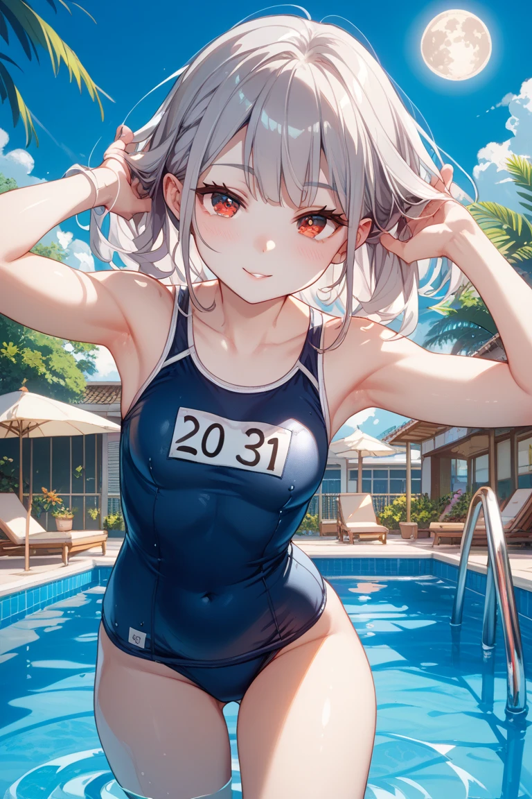 (Incredibly ridiculous absolute resolution:1.5)、hiquality、top-quality、masuter piece、Anime girl in pink and white bikini, 魅惑的、Anime Loli, 8k Manga Wallpapers, Smile、Shy laughter、((small curvy loli))、 pretty anime girl,((swimming pools))、(Medium Shorthair)、(short braided hair)