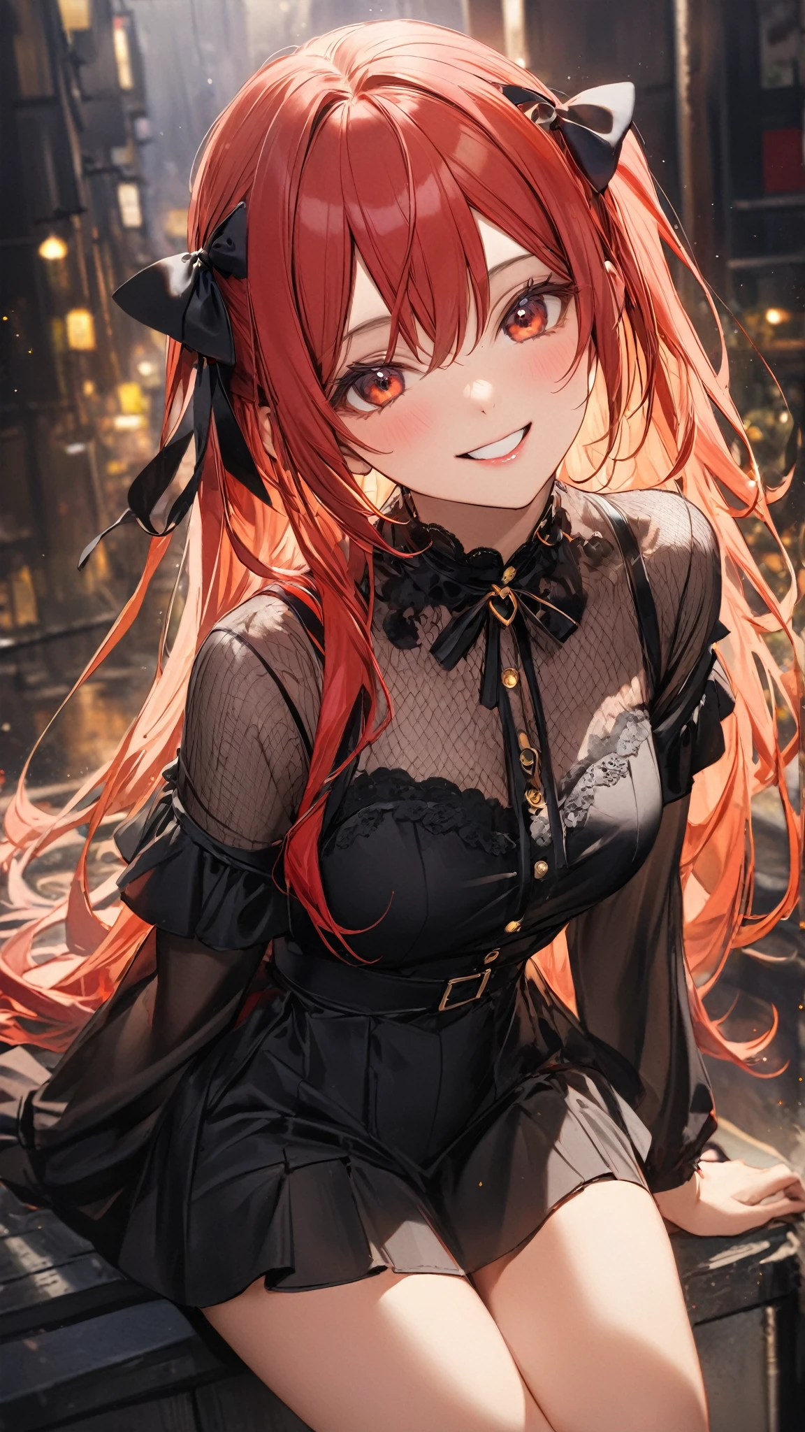 Top quality, high resolution, perfect human structure, background focus, front view, orange hair, glowing hair, in the city, cat ears, heart shaped pupils , blunt bangs , wavy hair, shiny hair, evil smile, gradient eyes, ruffled skirts