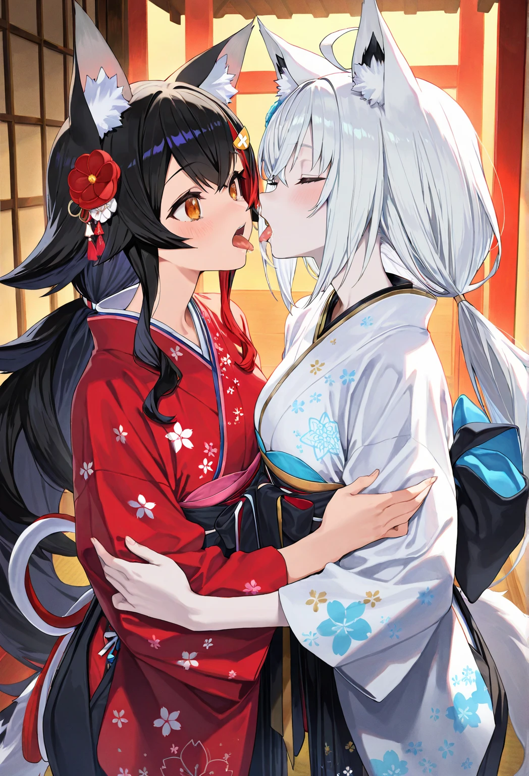 (((touch ))), (grab your chest((Carefully))), lesbiy, kiss, Middle school students, (((flat chest))), whole body, whole body図, cat ears girl, Wearing traditional Japanese costumes, The girl has small breasts and air, black knee socks, The background is a moonlit night with cherry blossoms blooming., Cherry blossom petals are falling, The full moon shines brightly, Images should be of the highest quality, Features high resolution and ultra-definition, Must be realistic and photorealistic in style, Vibrant colors and bokeh, Lighting should emphasize the beauty of the scene, create an enchanting atmosphere