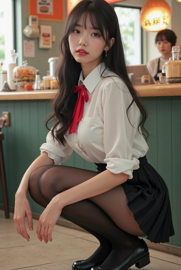 1 girl, red shirt, black skirt, cafe table, sunrise, black hair, straight hair, yellow eyes, solo, sitting on chair, looking at viewer, dramatic lighting, coffee on table