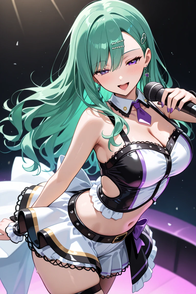 KOKONOESHINOBU, GREEN HAIR, SWEPT BANGS, LONG HAIR, YELLOW EYES,, large , live stage,  See Through uniform, nipple
