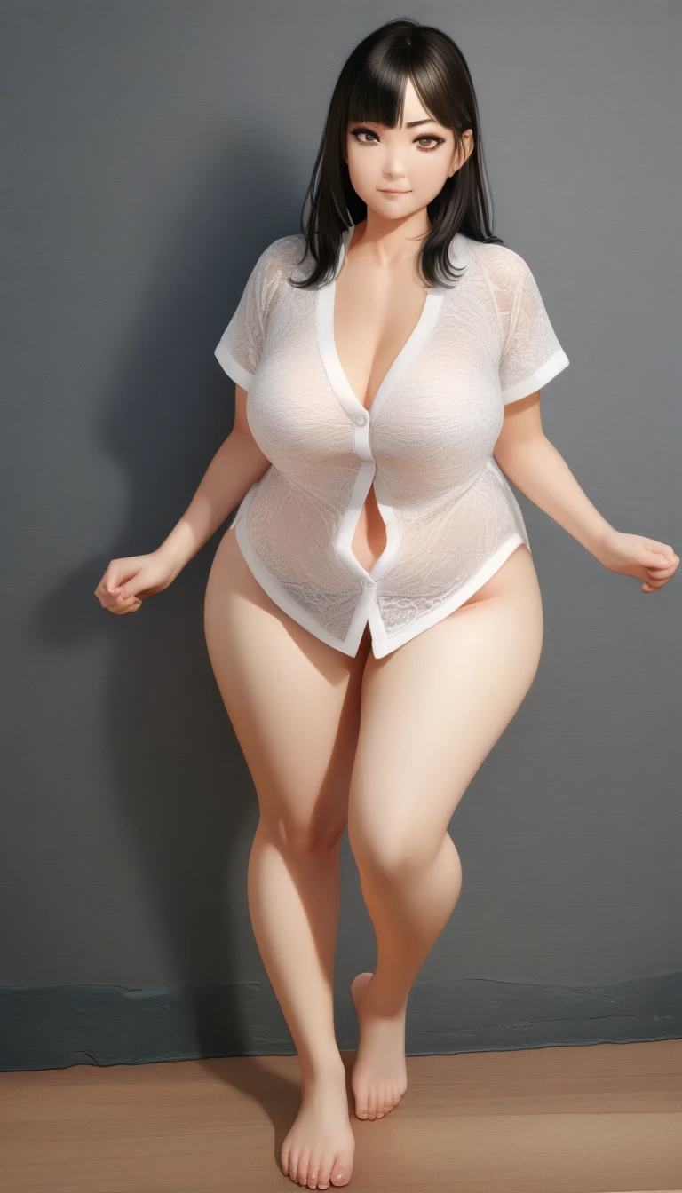 (nsfw),(8k, ultra-high resolution, highest quality, masterpiece:1.2), ultra-realistic, (realistic, photorealistic:1.37), (realistic skin:1.2), ultra-detailed, Canon EOS RP, 8k, Korean mature woman, smile, (nude), (((super obese)))、 (((super curvy,))) ((super voluptuous,)) adult model, standing with arms and legs spread apart、 ((full body shot)), thick ankles, (short hair), (empty space), (pale white background only),(bare feet)