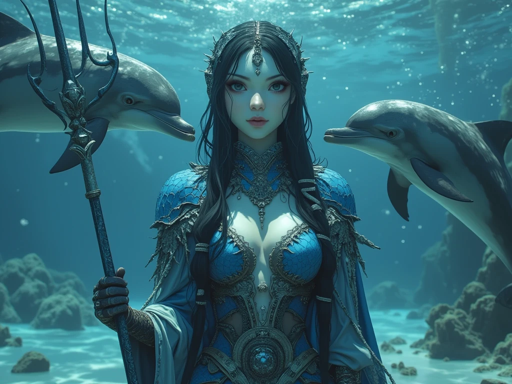 Underwater, Beautieful Female Human Amphibic Hybrid, Swimming Ocean Queen, dark fantasy, full body, underwater background, ghost sharks
