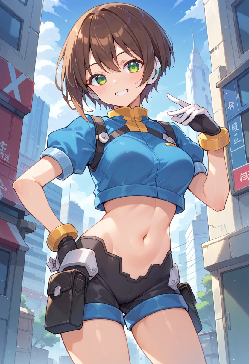 ((topless)), nsfw, masterpiece, 1 girl, erect nipples, intricately detailed, navel, bare shoulders, bonde hair, hard hat, construction site, towel on neck, wiping sweat, baggy pants, cargo pants, extremely detailed, bare breasts, puffy nipples, blue eyes, bare stomach, sweaty, medium breasts, arm strap, cowboy shot, holding sledgehammer, teen, chain, soft eyes, smiling, day, belt, rubble, short hair, open mouth, hairband