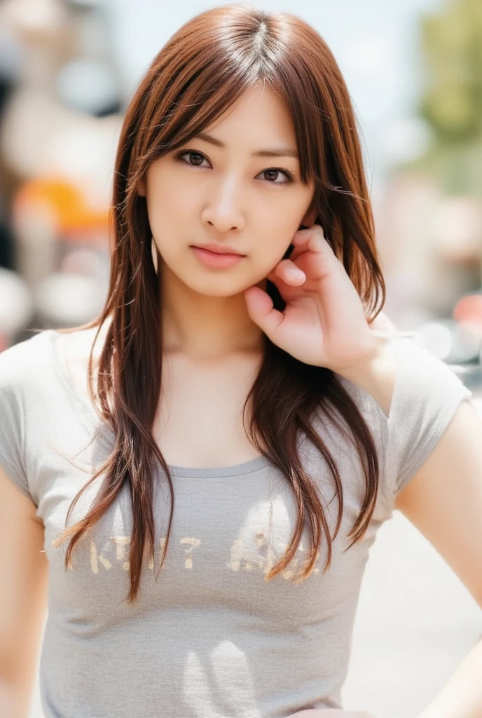 (lifelike, high resolution:1.3), 1 girl with a perfect figure, The face shape and eyes are super beautiful,Long hair, Random color vest:1.2, Random style shorts, Big boobs,Showing cleavage