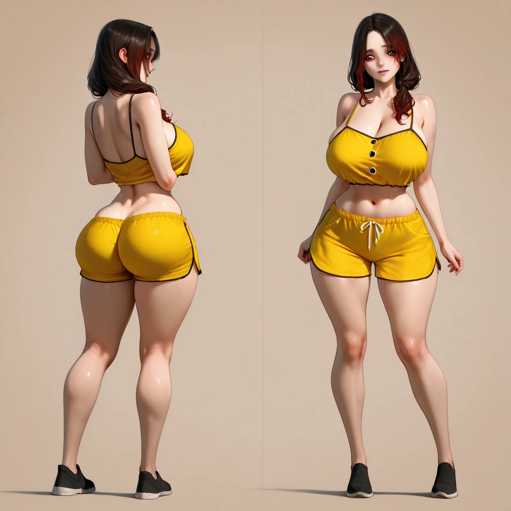 ((masterpiece)), ((photorealistic)), ((8k wallpaper)) , ((best quality)), ((perfect quality)), solo, (detailed eyes), (solo), girl, Tracer, short hair, brown hair, pose : ( shy pose, arm on belly), very beautiful, face : ( very beautiful face, (orange glasses), plump face, plump cheeks, round face, (perfect face), (makeup), big eyes, 20 years old, cute face, young ) , figure: ( very full body, (thicc), (very curvy), very soft, big breasts, (sexy curves), sexy, (very chubby), (chubby belly), love handles, (belly rolls), (wide waist), big deep navel, muffin top, thunder thighs) , clothes : (tight orange lingerie, tight orange tights)