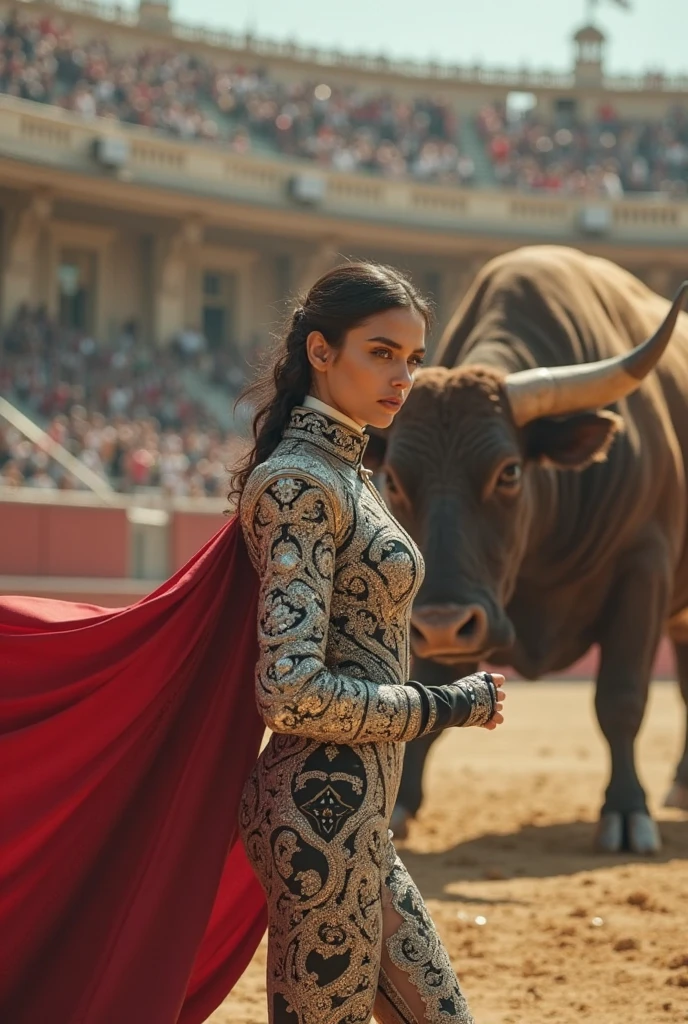 Highest quality, Realistic, photoRealistic, Award-winning photography, (Intricate details, Bullring: 1.2), (Subtle details), (Intricate details), (Cinematic Light, Super ???? short hair woman, Bullfighter, Bullring, huge firm bouncing chests, ???? long legs, dynamic ???? pose, Bullfighterの正装, Bullfighterの帽子, Bullfighterのlong pants, flashy leather long boots, Bullfighterの赤いマント, Confronting the bull, Full body close-up),
