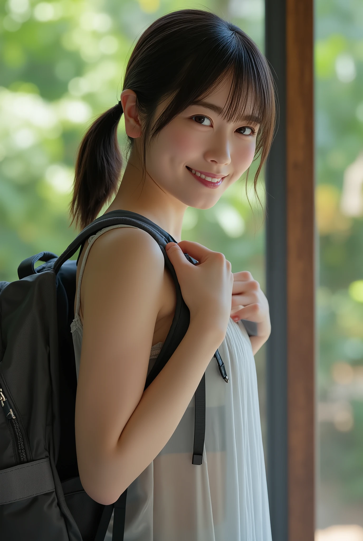 photorealistic、Camisole、(a transparent, transparent gray nightgown)、 (An almost naked gray nightgown)、I only wear a nightgown that shows through my skin、anatomically accurate, Details Hand , Thin fingers , Perfect hand、Ultra high resolution、she blushed and looked at me、carrying backpack、Hiking Trails、