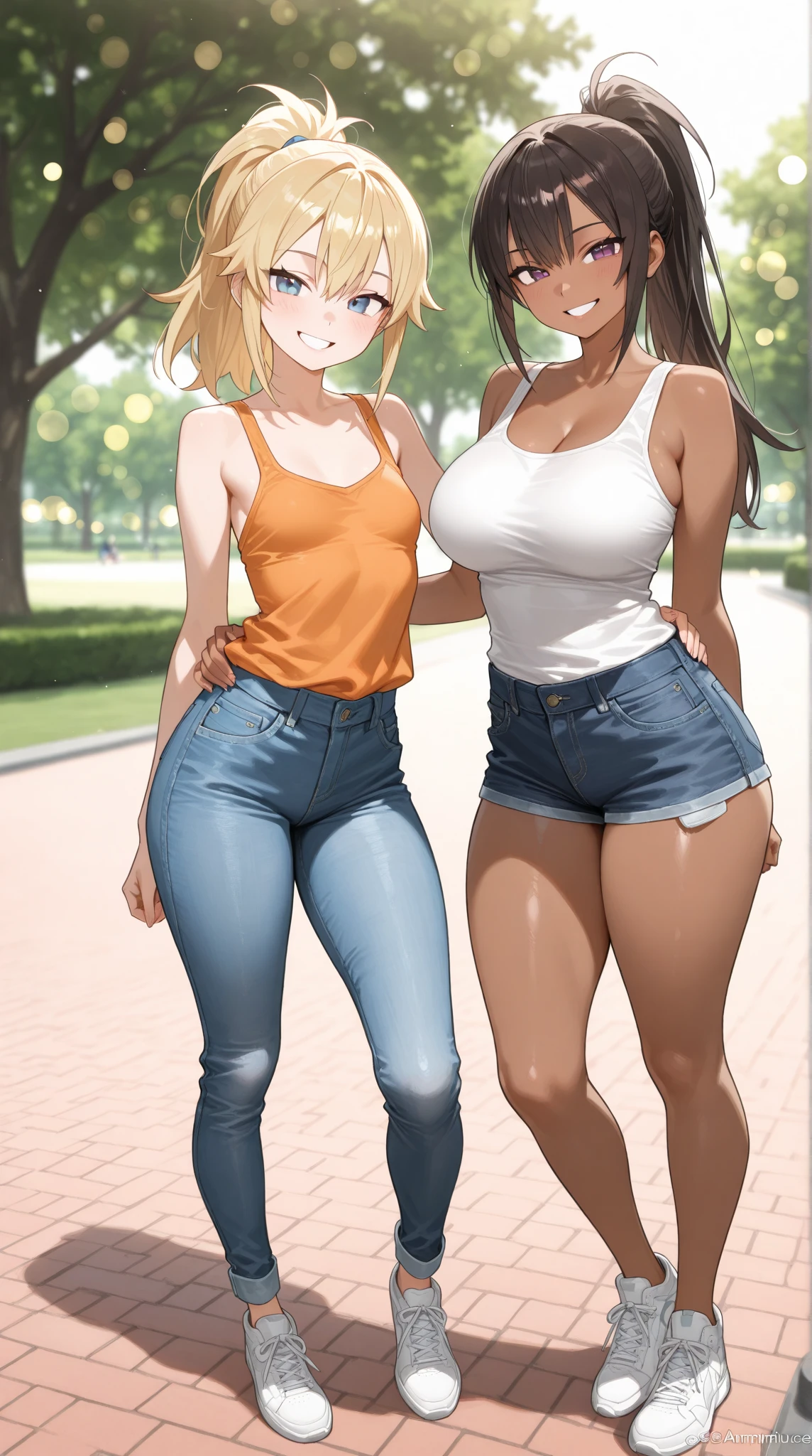 (((Fullbody))), Very Kawaii, smile, lip lips, seductive smile, Solo, Slim, Large Breasts, Plain White T-shirt, Tight Shorts, upshorts, Dynamic Angle, Park background, in the park, looking at viewer, darker shadows, (((absurdres))), (((thigh gap))), (((cameltoe))), (((sleeveless))),