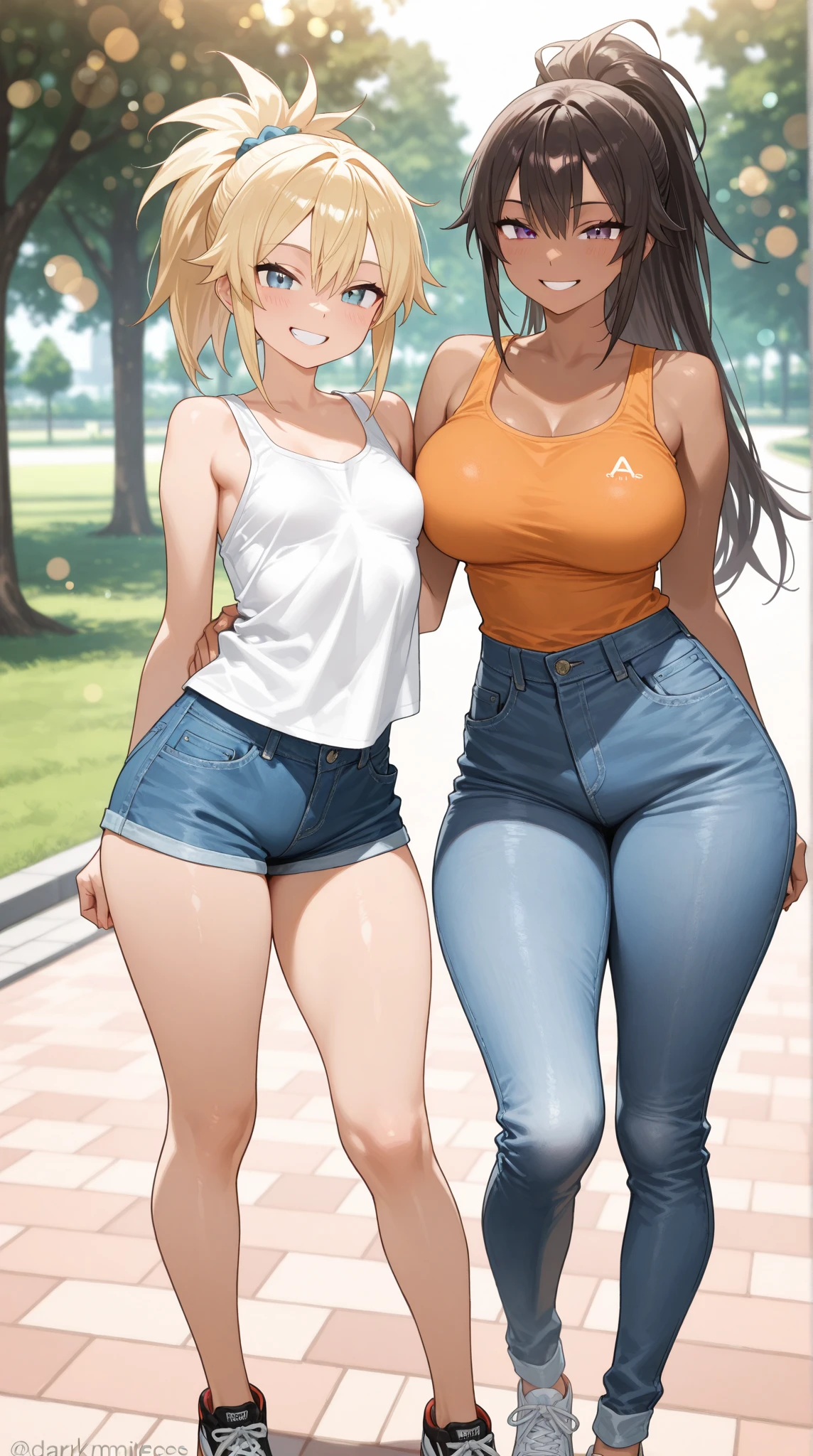 ((highres)), Masterpiece, high quality, best quality, beautiful, perfect lighting, detailed face, ultra cute face, ((2girls)), (blush), smile, one girl has blonde hair, blue eyes, crop top and shorts, one girl has brown hair, green eyes, jeans, white shirt, tight clothes, backyard, medium breasts, cleavage, (wide hips), ((thick thighs)), arms behind back,