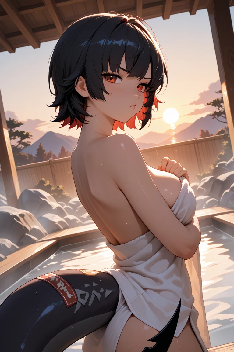 1girl, official art, no text, tsubaki \(blue_archive\), halo, breasts, big breasts, raccoon ears, night onsen, naked towel, partially submerged, back, looking at side, looking at viewer, upper body, depth of field, masterpiece, best quality, realistic light and shadow, high key lighting, (balanced photo, balanced exposure)