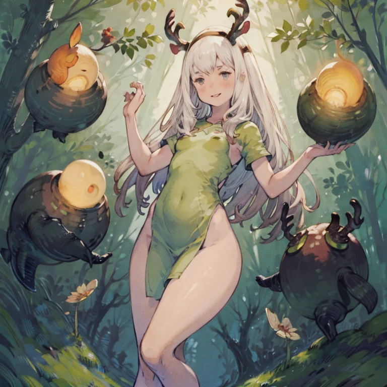 young girl 15 ,, very long hair that touches the ground, platinum ruby hair, iridescent eyes, very thin body , very small , Wide hips, small waist , shining lips , (naked),ry small young woman and thin , stop in a pasture, wreath made of cherry branches , surrounded by forest spirits shaped like orbs of light , forest spirits animals, flirtatious smile, handing a bright peach
