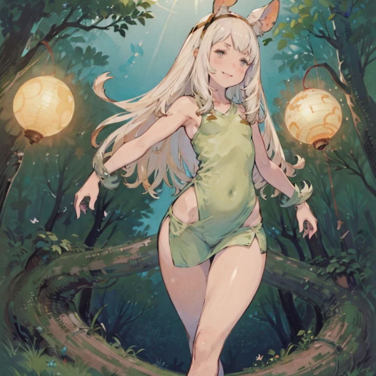 young girl 15 ,, very long hair that touches the ground, platinum ruby hair, iridescent eyes, very thin body , very small breasts, Wide hips, small waist , shining lips , (naked), , very small young woman and thin , stop in a pasture, wreath made of cherry branches , surrounded by forest spirits shaped like orbs of light , forest spirits animals, flirtatious smile, bathed in semen