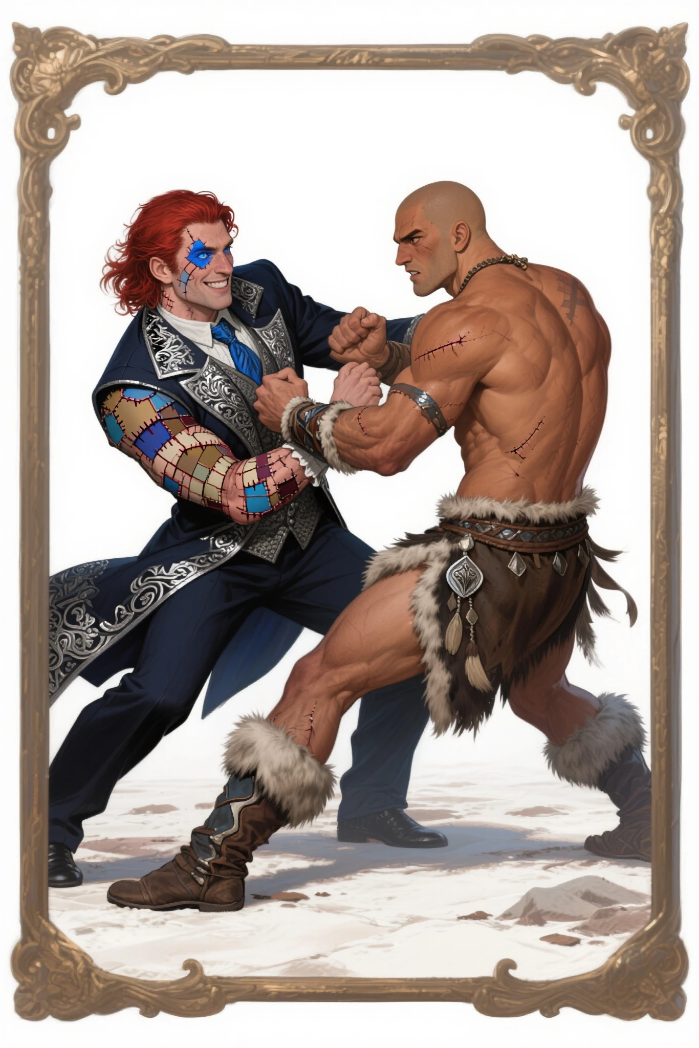 over-the-shoulder, forced perspective, dynamic shot, Masterpiece, best quality, hi res, 8k, hi res, 8k, award winning , (sharp focus, intricate, highly detailed) <lora:kirbywood:1.0> kirbywood, drawing of two Scots men in plaid tartan kilts, wearing white shirts and tam O'Shanters aps, fighting each other, not touching, bare knuckled, knockout punch, vintage color comics drawing <lora:kirbywood:1>
