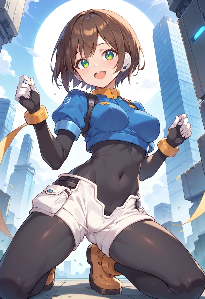 aile_megamanzx, kneeling with one hand on the ground and the other arm raised, 1girl, solo, short hair, brown hair, short sleeves, (bodysuit), robot ears, green eyes, very_short_shorts, short sleeves, short over long sleeves, smile, in futuristic city, , high quality, medium_breasts,crotch, slouch,groin