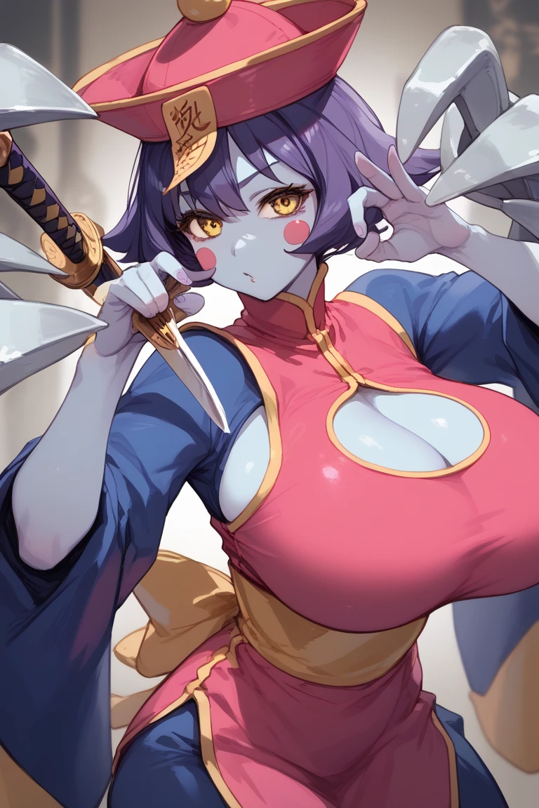 an RPG-style sketch of a large, beautiful woman, cabelo prateado liso, olhos vermelhos, vestido yukata de cor preto e roxo, detalhes altos, Full HD, fundo preto. mundo do estilo Jack, design de anime seinen