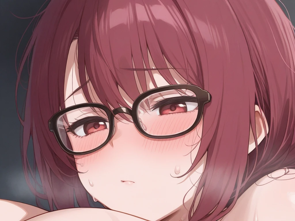 1woman,mature woman sucking 1penis,blowjob,woman,black hair,woman focus,penis in mouth,sweaty,at office,cum,detailed skin,sucking,open eyes,trembling,short hair,teary eyes,suffering,silver glasses,