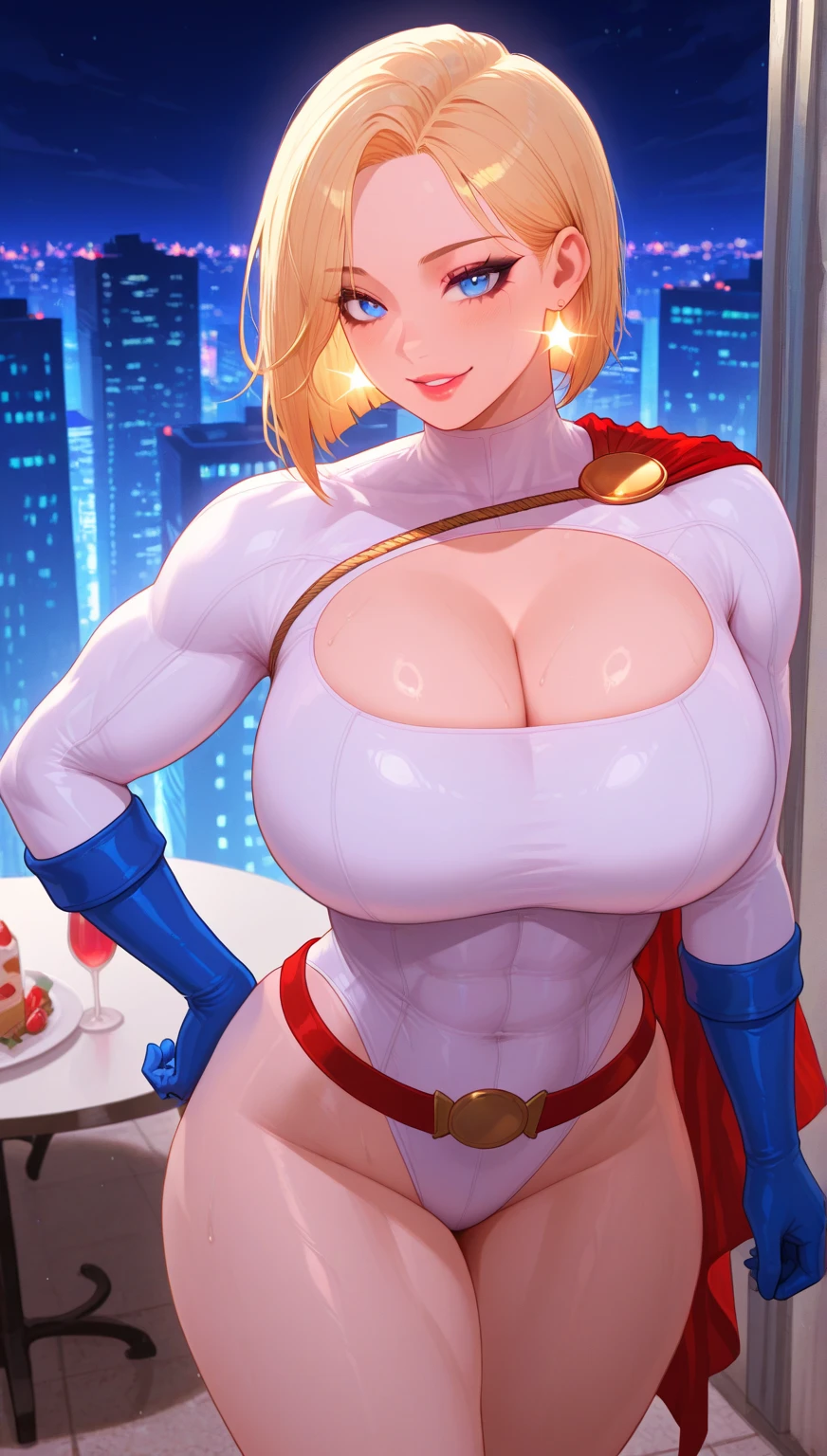 highres, masterpiece, perfect ligthing, bloom, cinematic lighting, , perfect skin, female,power girl, lips,smile, center opening, belt, blonde hair, blue eyes, cape, blue gloves, highleg, white leotard, short hair, 1girl, milf,standing,lipstick,rooftop,wide hips,flexing, ((((huge muscles))))