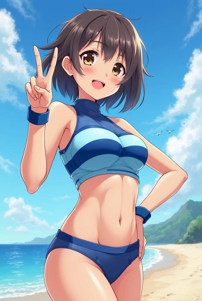(masutepiece, Best Quality:1.2), Cowboy Shot, Solo, 1girl in, Hiryū, Smile, Looking at Viewer, Rainbow Bikini、One side up, , partially fingerless gloves、The background is professional wrestling、Facing the front