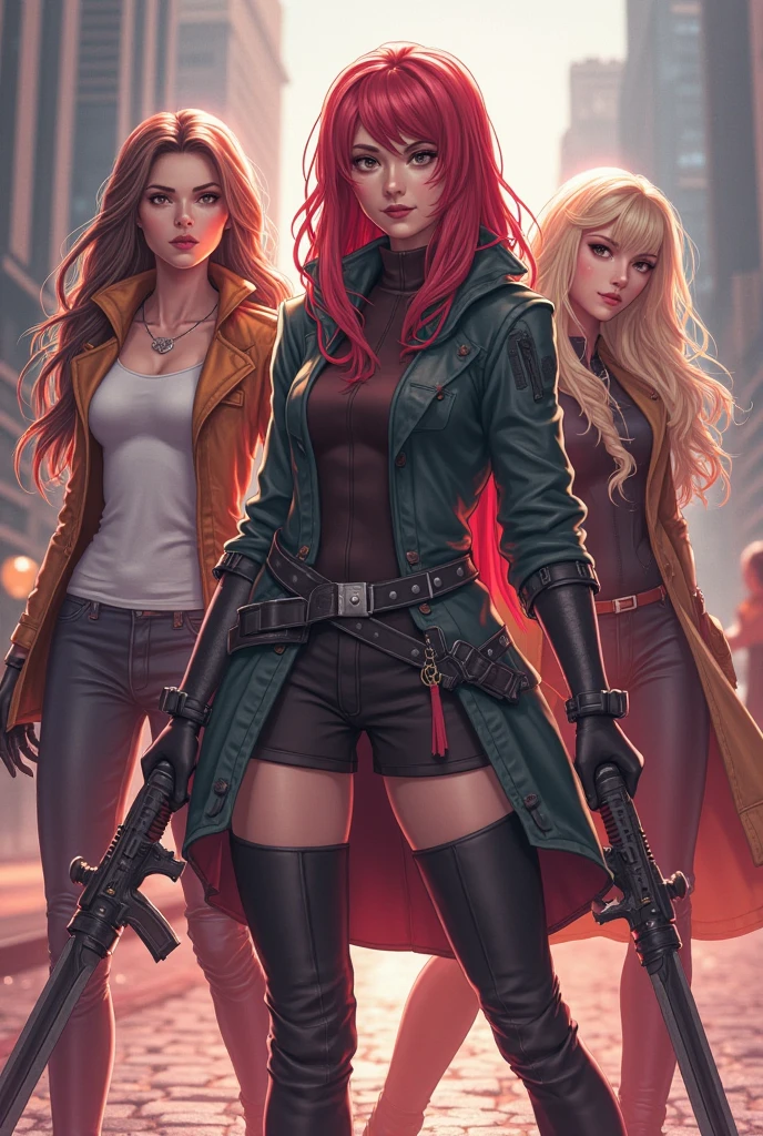 three sisters, 1920s femme fatale, elegantly dressed in a sleek, floor-length gown with a plunging neckline and intricate beading, short wavy bobbed hair with a finger wave, bold dark red lipstick, 1920s tomboy adventurer, wearing rugged, practical clothing with a utility belt and a leather jacket, short blonde hair styled in a tousled bob, 1920s hardboiled detective, striking red hair styled in soft waves, tailored trench coat and a fedora, sharp no-nonsense attitude, cinematic lighting, low-angle shot
