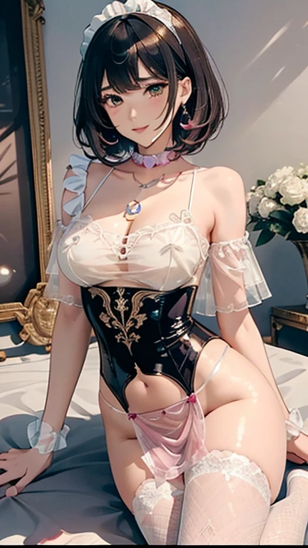 1 girl, Princess Zelda, blonde hair, short hair, soft, soft light, delicate, frills, small breasts, frilly, ruffles, blue and white garters, vagina, no panties, (open mouth, on knees, close up on face, cum, sex, vibrator), bed, corset