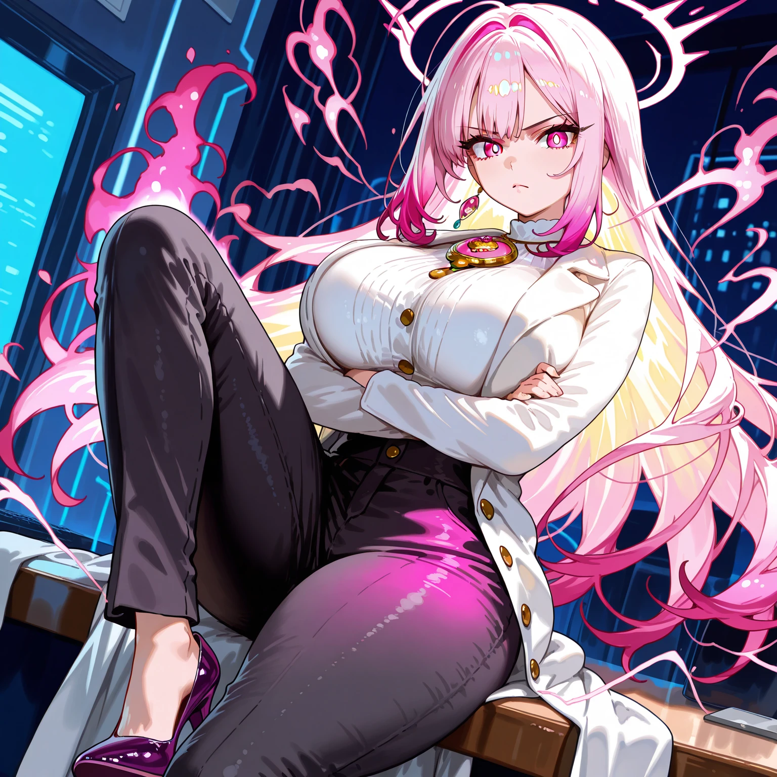 8k wallpaper,Very detailed,((High chroma)),((Highest quality)) ,((Ultra-high resolution)),Browsing Caution,masterpiece,Clear margins,Very beautiful woman in her 20s,slender beautiful body,((1 person)),Very beautiful face,Very beautiful eyes,Very beautiful legs,Very beautiful arms,Very beautiful body,Draw the whole body,Long Hair,Pink Hair,Thin eyebrows,Asymmetrical bangs with hair tucked behind one ear,Uses magic,decisive battle,battle,force,energy,(Clothing of office workers,barefoot,)Combat readiness
