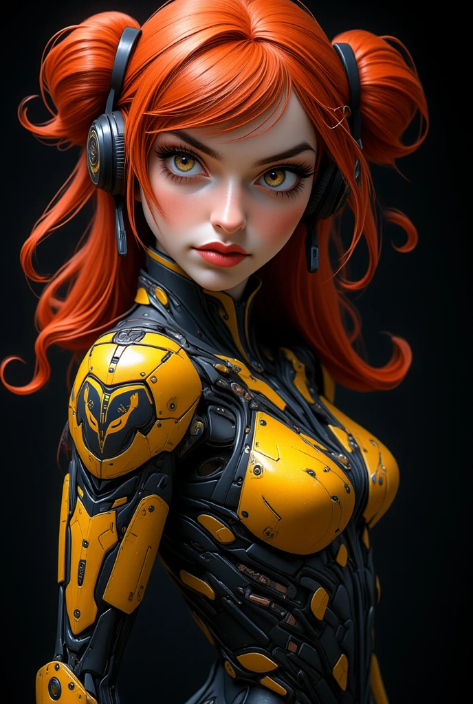 Masterpiece, tapestry, embroidered, in the style of HR Giger and Patrick Nagel, vavavoom, curly Auburn hair, black eyes, glossy hair, cute, smiling, flirty, buxom bombshell, photorealistic, high definition, high detail, detailed background, biomechanical, [Cyan|Yellow|Magenta|Black]