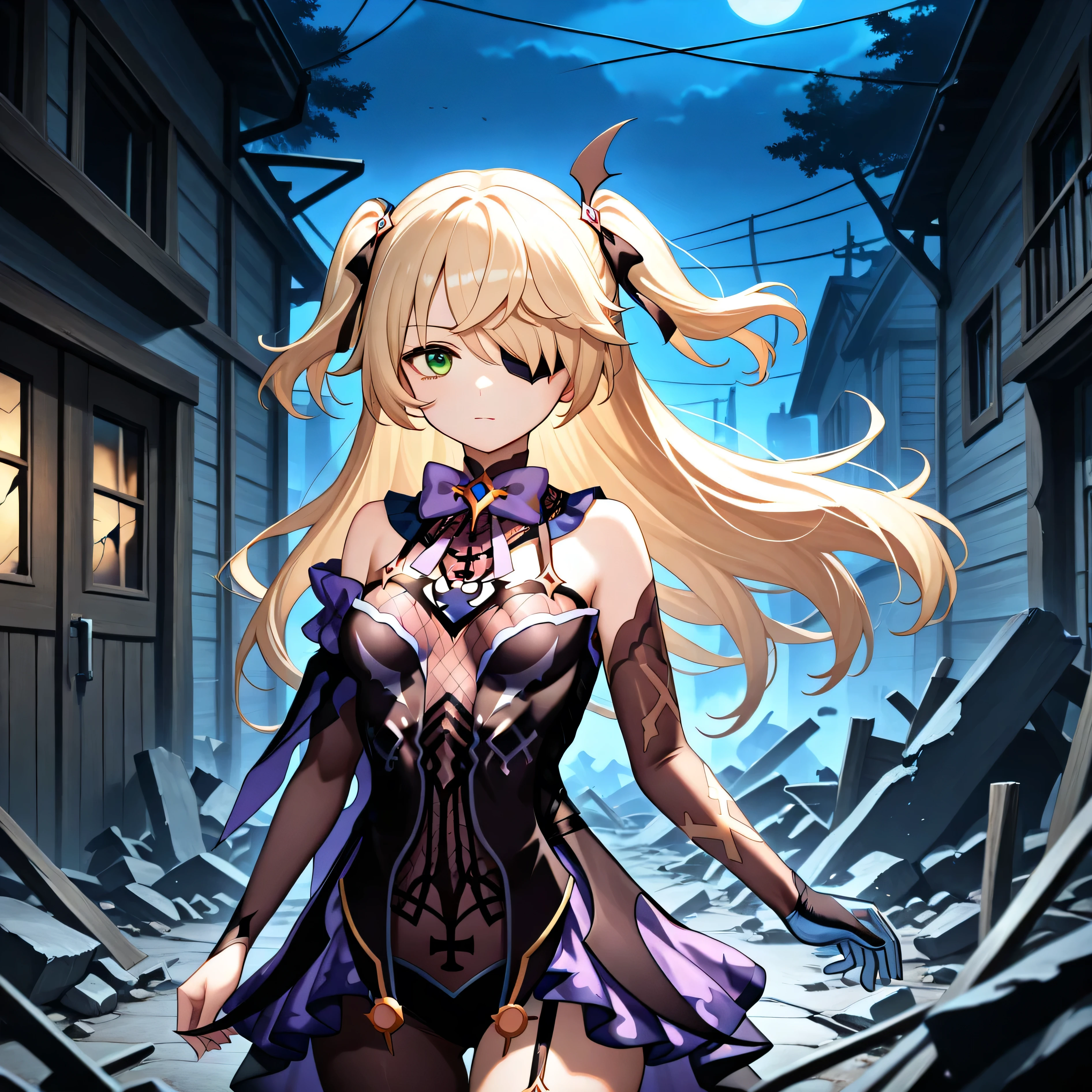 masterpiece, best quality, amazing quality, 1girl, solo, in abandoned house, small room, rubble, , broken furniture, night, night time, rubble, zzFischl, green eyes, hair over one eye, blonde hair, hair ribbon, long hair, two side up, bodystocking, eyepatch, leotard, ribbon, gloves, bow, bowtie,  shoulders, purple bow,