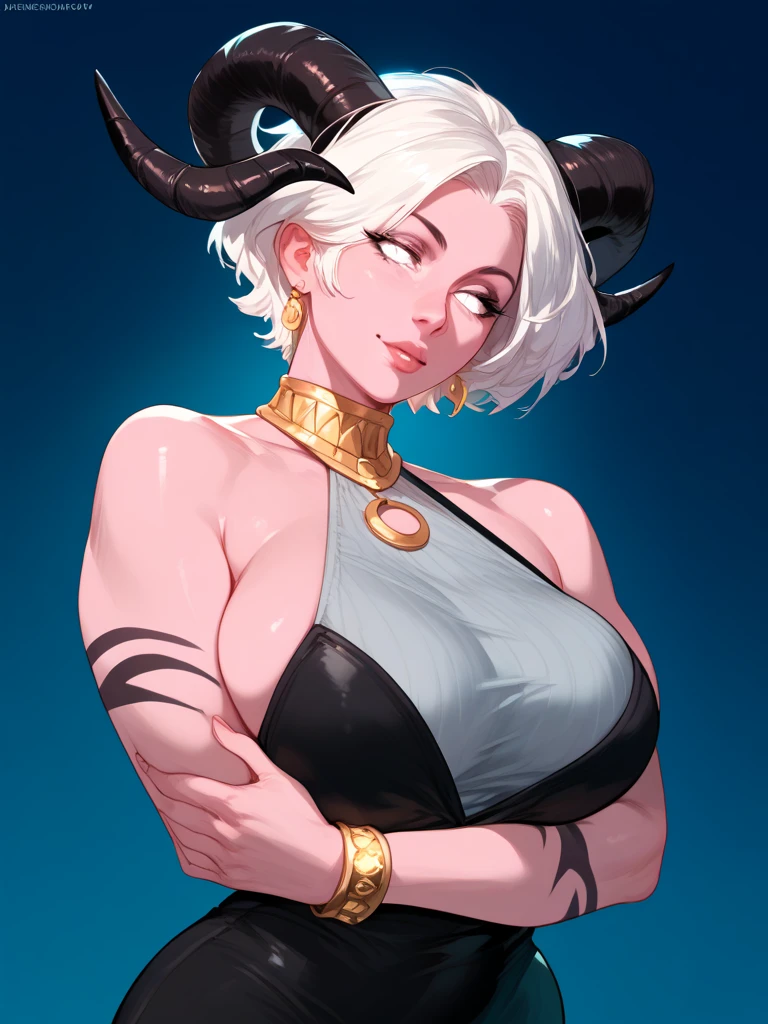 1girl, nice ass, bangs on one eye, Hairstyle with a braid, white colored hair, Yellow eyes, perfect lighting, muscular, thights, Mature woman, mummy, bellybutton, Abs, looks at the viewer (tmasterpiece, hiquality: 1.1) ssmile, Extremely huge breasts, Maternal, porcelain skin, extra very long hair, sparkly skin, good face