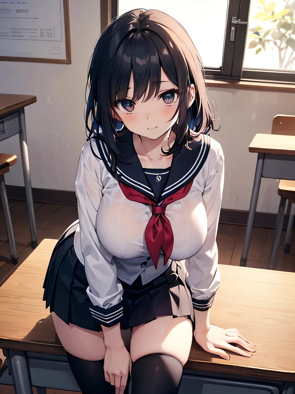 (top-quality、in 8K、32K、masterpiece、nffsw、超A high resolution、Impresionismo、Photorealsitic:1.2)、Angle from above、High angle、Colossal tits、cowboy shot, detailed faces and eyes、 Inside the classroom、Schools、Evening glow、beauitful face、blurry backround、16-year-old beautiful girl、shinny skin、short-hair、Beautiful black hair、Blunt bangs、Red Eye、(Katyusha:1.2)、a sailor suit、Pleated miniskirt、Curve、Stand on one knee、(I can see panties:1.2)、Smile with open mouth、Opening legs、