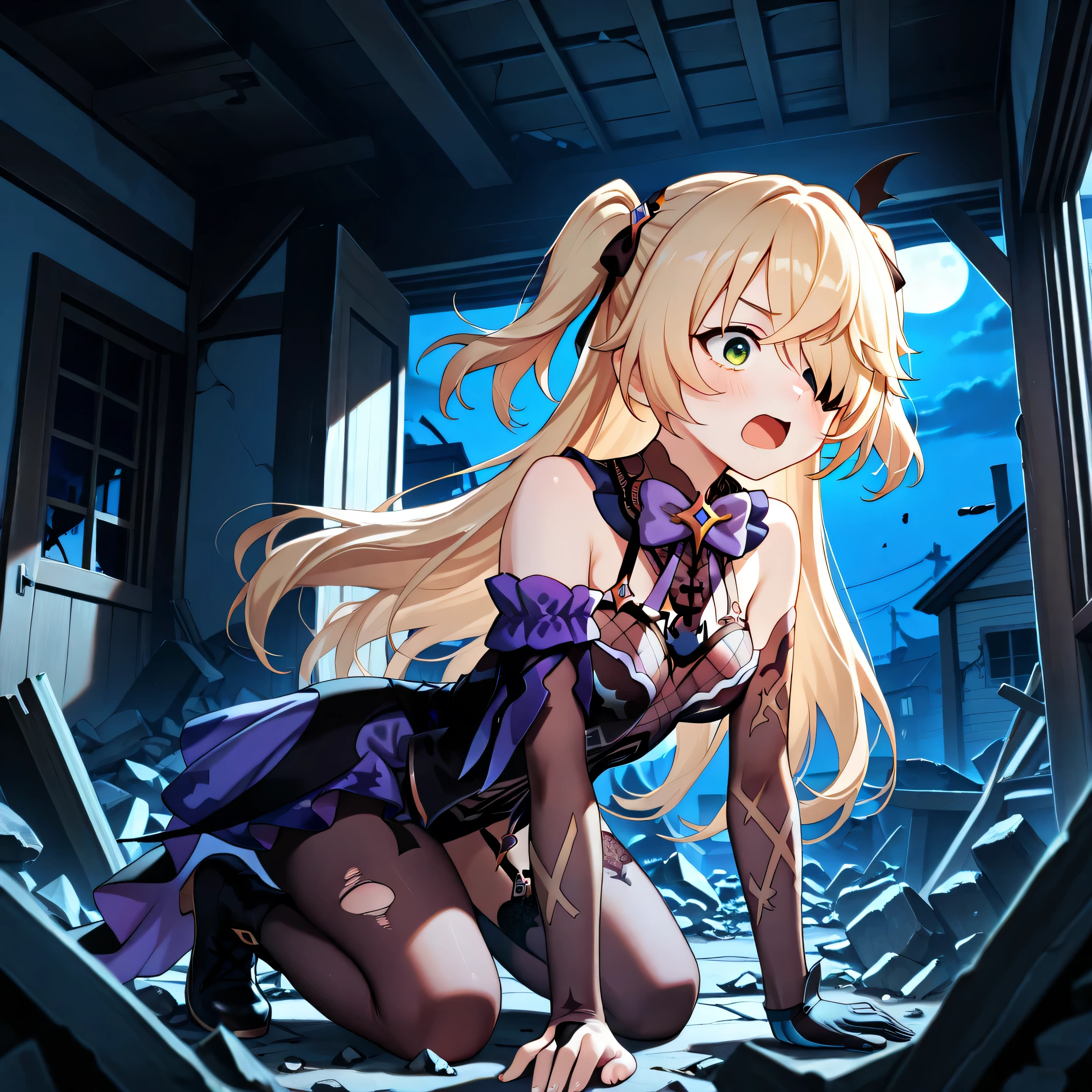 masterpiece, best quality, amazing quality, 1girl, solo, in abandoned house, small room, rubble, , broken furniture, night, night time, rubble, zzFischl, green eyes, hair over one eye, blonde hair, hair ribbon, long hair, two side up, bodystocking, eyepatch, leotard, ribbon, gloves, bow, bowtie,  shoulders, purple bow, surprised, exaggerated expression,
