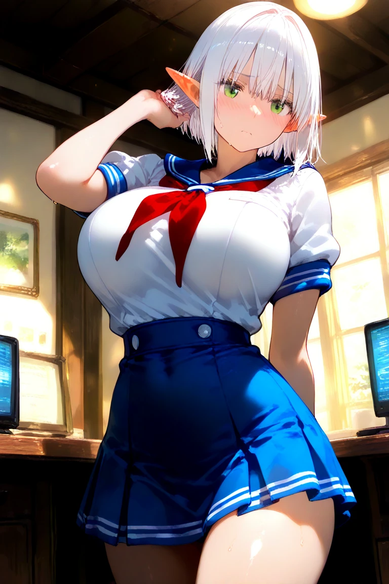 view viewer ,smile,blush, A MILF, Shiny body, Shiny skin, , Huge breasts ,Shiny skin,BTPT-FC,wide hips,Sweat,heart mark,  Heart-shaped eyes,, ,narrow waist , folded ponytail,blue eyes,thick thigh,folded ponytail, white hair, blue eyes, headband, bandana, ainu clothes, cropped jacket, dress, long sleeves, pelvic curtain, thighhighs, wrist guards, sideboob,indoor,sitting on chair,open mouth,from front,pov