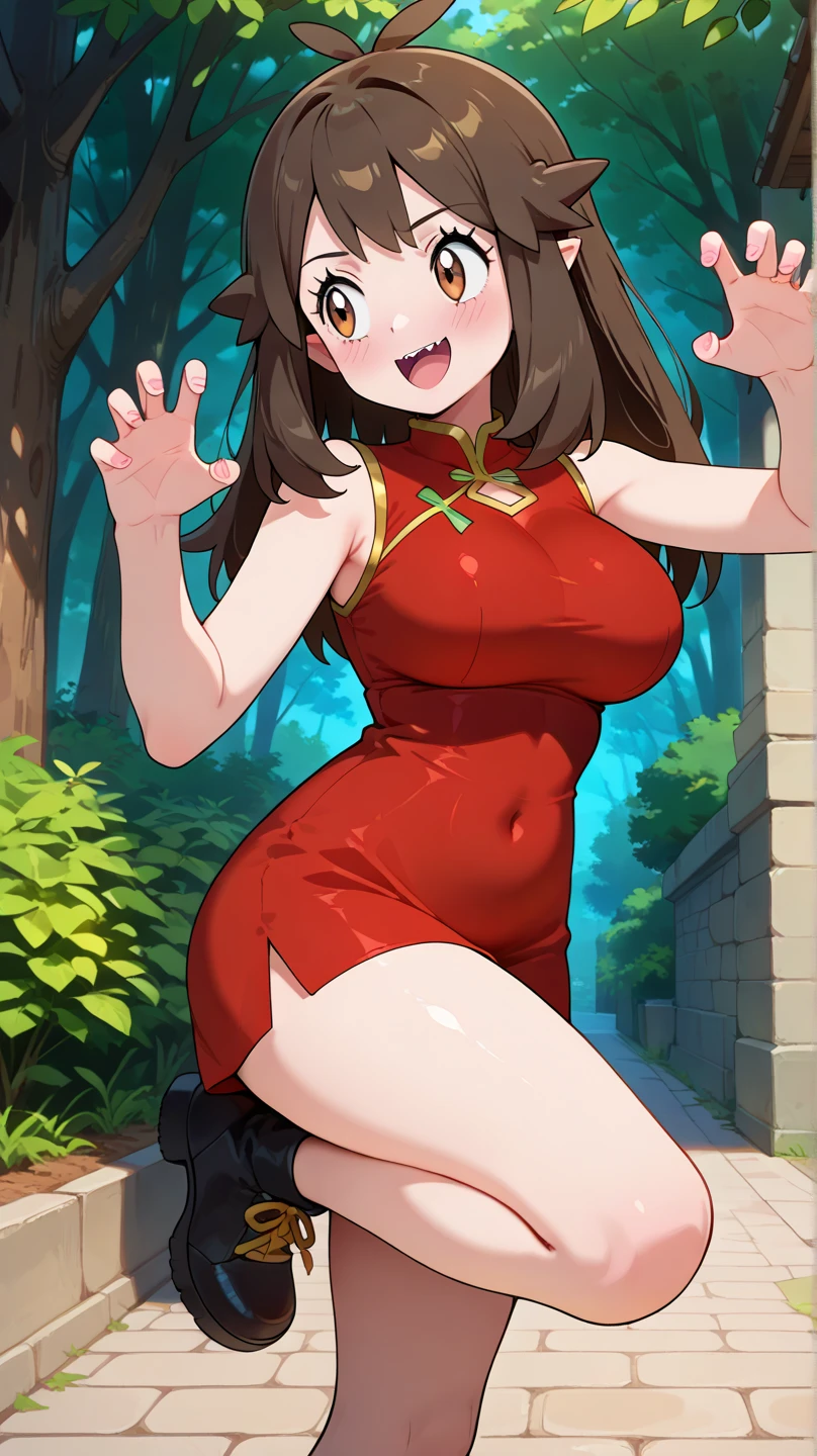 Masterpiece,high quality, mabel pins, AdultoMable, hair band, red bikini, , choker, gold star earrings, wide, Brown hair, yellow eyes, Open mouth, fangs, Thighs gruesos, cutaneous denture, Thighs, The Great Passage, pose, dynamic pose, forest, evening, under the skirt, No panties