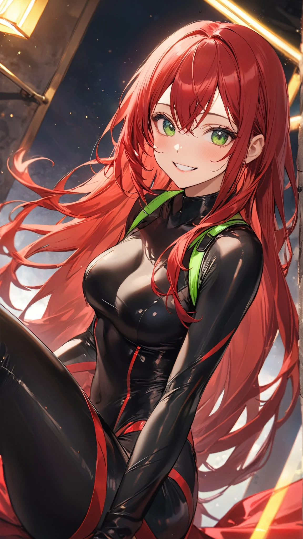 A woman, red hair, green eyes, school uniform made of plants, inside the school, green suit, defined body, poison ivy, Pamela Isley