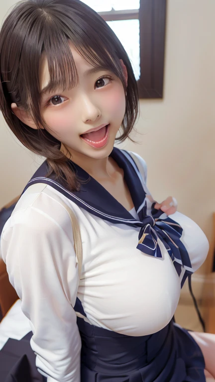 bright expression、photorealisim、top-quality、SUPER high resolution、a picture、Photo of an exquisitely beautiful JAPANESE-born girl、Extraordinary beautiful girl、Detailed cute and beautiful face、(pureerosface_v1:0.008)、Short bob cut with beautiful bangs、alice in the wonderland、18 year old、Glowing white shiny skin、facial hairs、Bangs that extend to the face、Bangs between the eyes、Attractive bright natural BROWN super long straight silky hair、finer hair、Attractive glowing beautiful bright clear big eyes、eye liner、Double eyelids、Lush bust, ((NSFW:1.5)), my sister,18 years old,(JAPANESE IDOL),(huge breasts :1.8,large breasts:1.8,beautiful areola,small areola),(Glowing skin),((Perfectly rendered hands and fingers)),,((make eye contact with the audience)),((Composition from the side:1.2)),((SMILE FACE:1.4)),(Bright expression),((lie on your back on the bed:1.4)),((spread legs:1.5)),(penis in pussy),((cum in pussy:1.4)),(close up pussy:1.4)),((school uniform:1.4,sailor suit:1.4,RED SKIRT:1.2,WHITE SHIRTS:1.2)),
