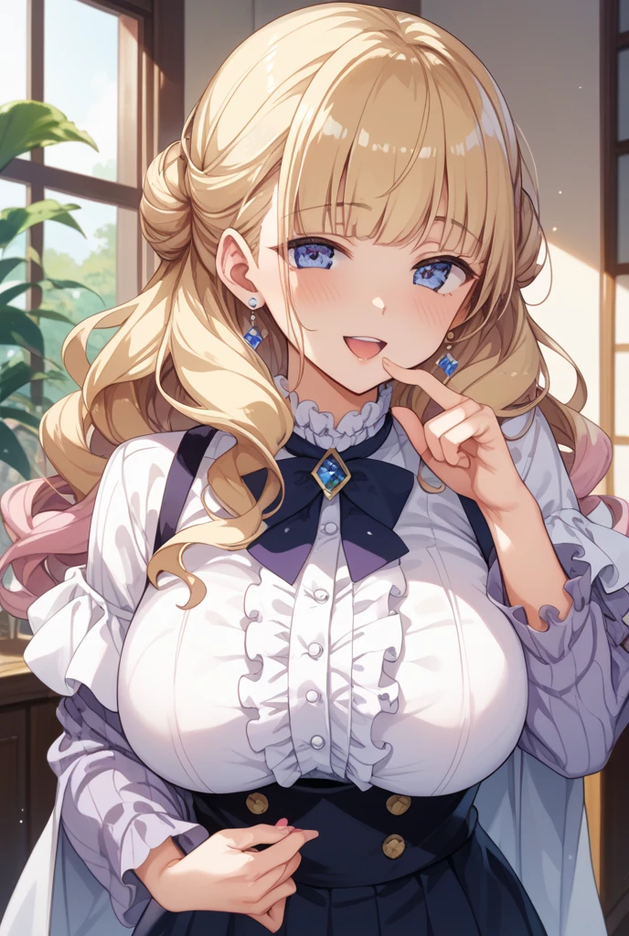 (1girl, solo), blonde hair, side ponytail, (blue eyes:1.5), long hair, (medium breast:1.2), (hair ribbon, juliet sleeves, long sleeves, puffy sleeves, white dress:1.5, frills, top hat, black top hat, hat, hat flower,) looking at viewer, holding knife, knife, indoors, (masterpiece:1.2), best quality, high resolution, unity 8k wallpaper, (illustration:1.2), anime style, (beautiful detailed eyes:1.6), extremely detailed face, perfect lighting, extremely detailed CG, (perfect hands, perfect anatomy),