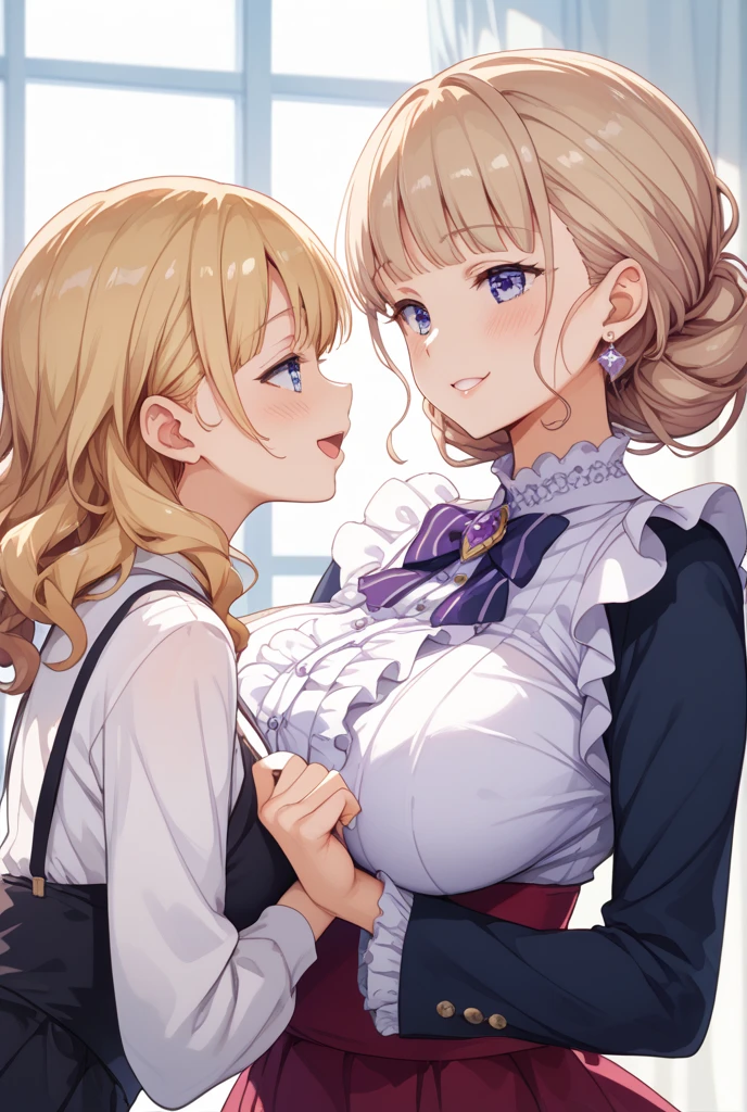 (2girls:1.4), (two girls yuri: 1.1), (height_difference:1.5), cute dress with frills, cleavage, modern, catgirl, pink or purple hair, cute hair, (blonde hair or brown hair), serafuku, hugging, very detailed, (height_difference:1.5), very detailed, beautiful, professionally drawn, (huge breasts), (cleavage sweat), (anime drawing:1.1), sketch, (anime:1.1), (very cute anime girl), (bright), (low contrast), collarbone, (>:D:1.2), (prettiest teenage girl), (mature face: 1.4), (hugging:1.2), (in a blanket: 1.1), (tall girl with big breasts: 1.2), (erect nipples:1.2)