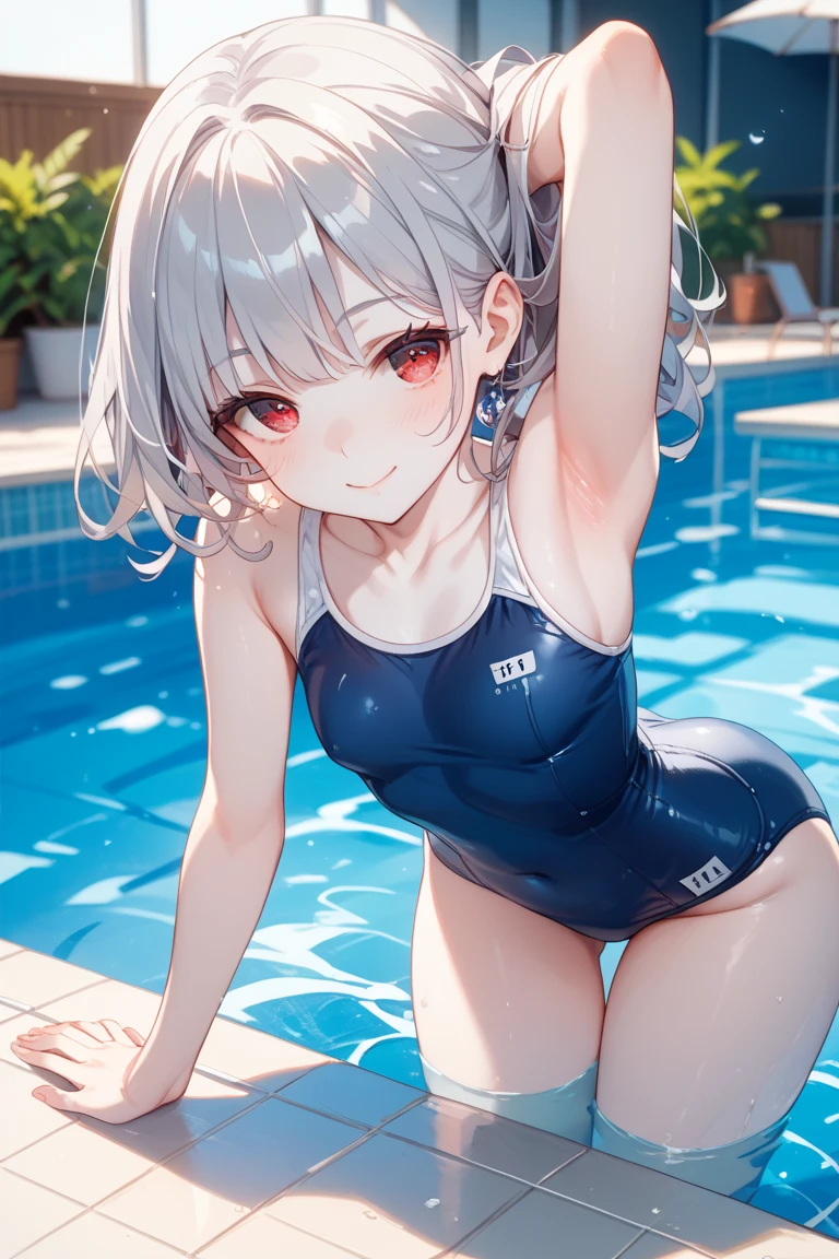 masterpiece,Official Art,8k, masterpiece, Highest quality, Very detailed, One woman、Toned body、Sheer belly button、Waistline、One-piece competitive swimsuit、Wet and transparent、barefoot、Crowded swimming pool、?????? swelling、Stretch your arms and dive headfirst into the pool、?????? line、Sexy、Beautiful eyes、Smiling face、Silver Hair
