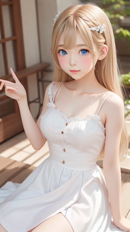a cute girl, blonde hair, blue eyes, fair shiny complexion, plain expression, in a long white dress, hugging a brown teddy doll, tiara on head, green pendent on neck, garden in the background