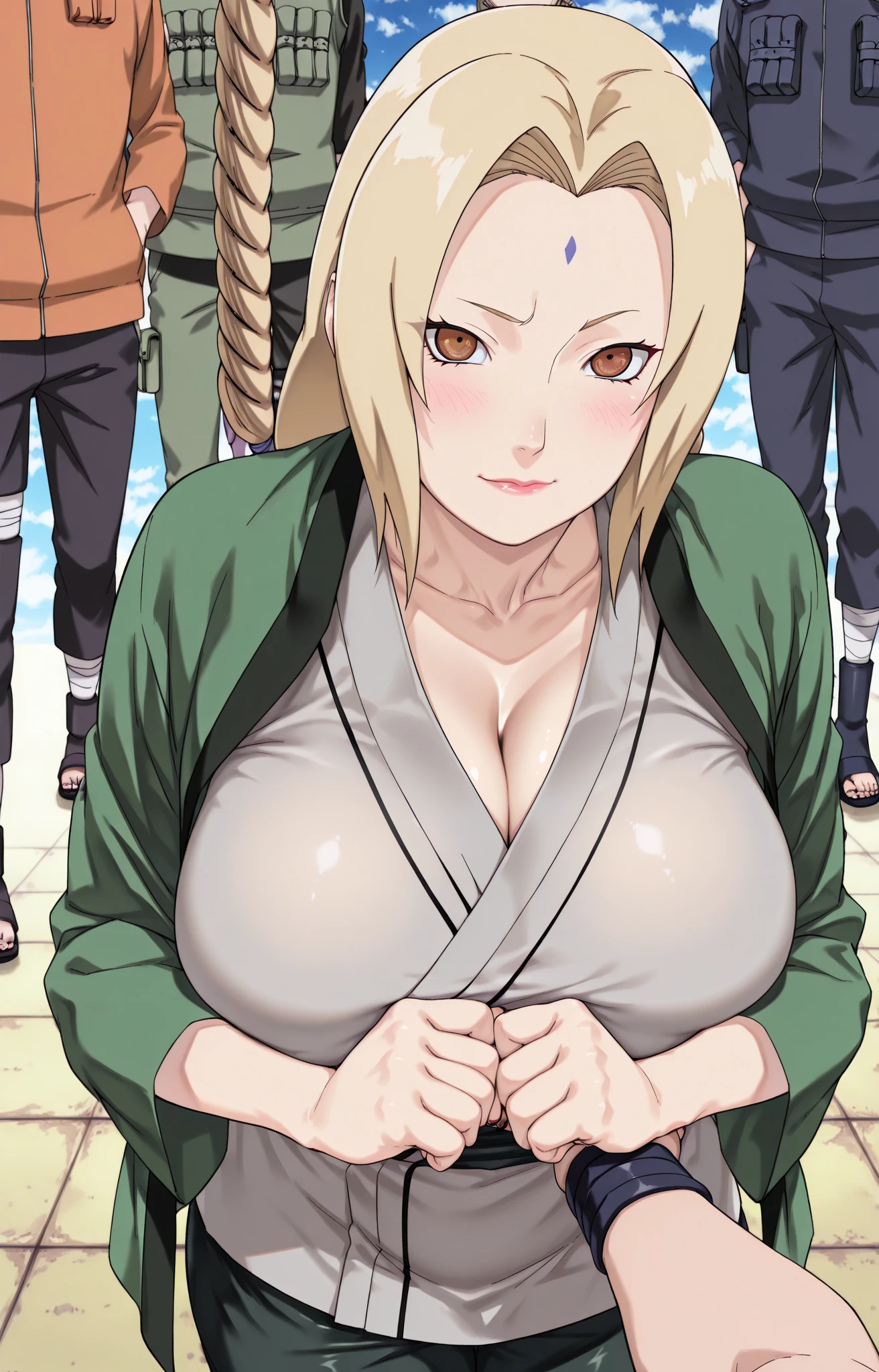 (masterpiece, Highest quality:1.2), alone, One Girl, Tsunade Defense, Forehead mark, View your audience,Browsing Caution、((anime、Upper body naked、Sad face、Exposed breasts、Medium Size、Off the shoulder、Torn clothes))、((Off the shoulder、Upper body naked、Boobs fully exposed、Nipples、Large areola、NSFW、belly button))、wilderness、soil、rock、Open kimono, Green haori, Gray kimono, sash, pants 、Upper body close-up、Close-up of a person、Beautiful girl with beautiful details, very cute, Beautiful girl with beautiful details, Professional photography lighting, Highly detailed eyes and face, Beautiful eyes in every detail、Beautiful detailed hair, Beautiful and exquisite cold face、 (((detailed character sheet, frontal view, side view, three quarter view)))
