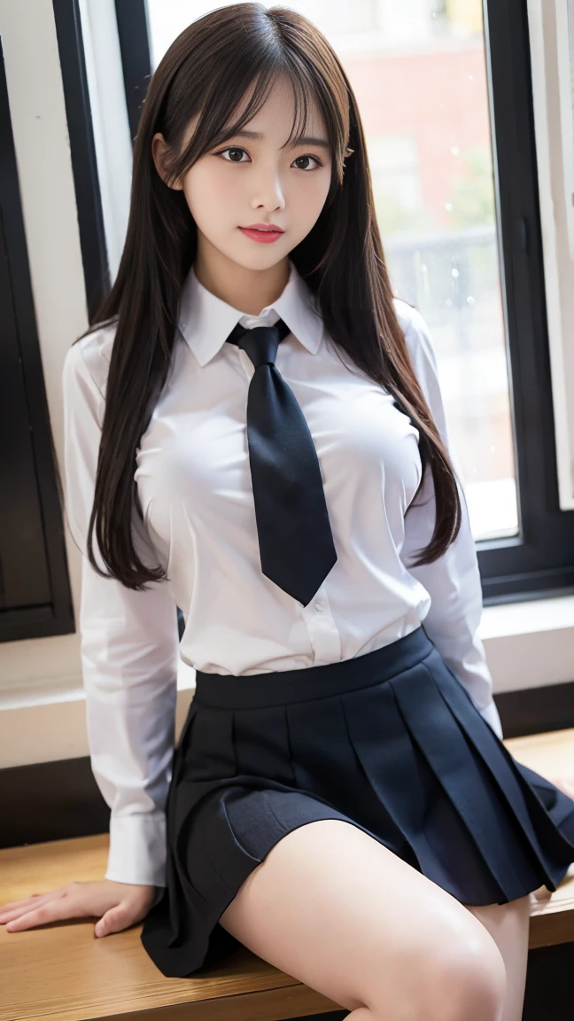 (beautiful eyes), (School Uniform Mini Skirt:1.4), Put your hands on your legs, Large Breasts, Thin legs, (masterpiece, best quality, Practical:1.3), 1 girl, Solitary, (((Large Breasts、Breast sagging、Low-cut，Cleavage ，Wide hips,)))((Long legs)),Hourglass figure)),Perfectly proportioned body, delicate eyes, Korean Idol, Korean beautifying postures], 18-year-old Korean student, White skin, _clothing, absolute_Good record, thigh_tape, cleveage_cut out