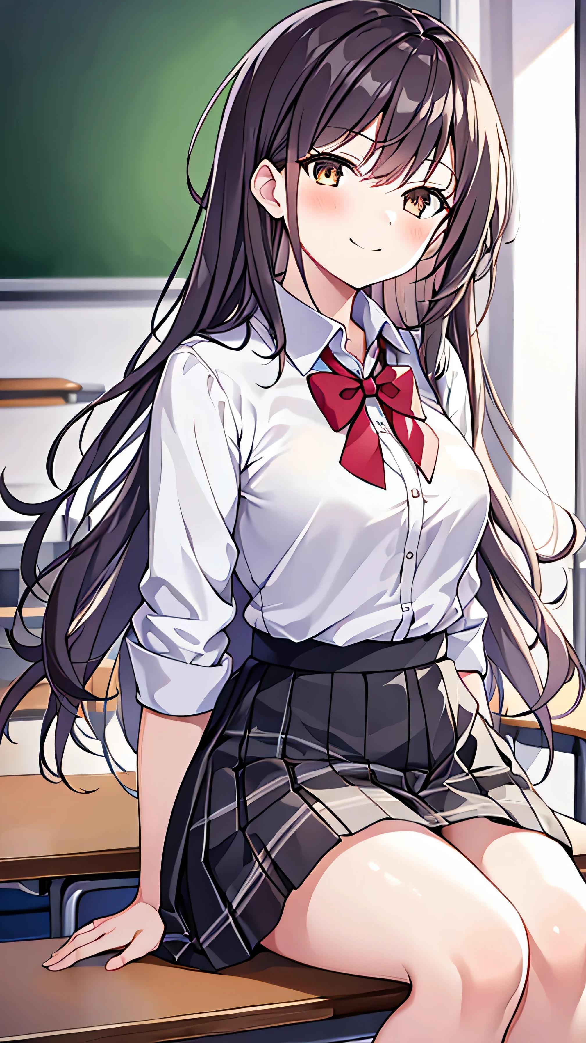 Best Quality,masutepiece,fullnude,look down on, Upper body,Strands of hair,Fair skin,Classroom,tiny chest、Take off your uniform, Bow, Red bow, Long sleeves, Shirt, Collared shirt, White shirt, Skirt, Pleated skirt, Black skirt, tiny chest、looking at the viewers, BREAK (masutepiece:1.2), Best Quality, High resolution, Unity 8k壁纸, (Illustration:0.8), (Beautiful detailed eyes:1.6), extra detailed face, Perfect Lighting, extremely details CG, (Perfect hands, Perfect Anatomy),A smile、(Skirt lift:1.3), (strawberry pattern panties:1.3)、(Skirt that rolls up:1.3)、(Fully exposed panties:1.5)