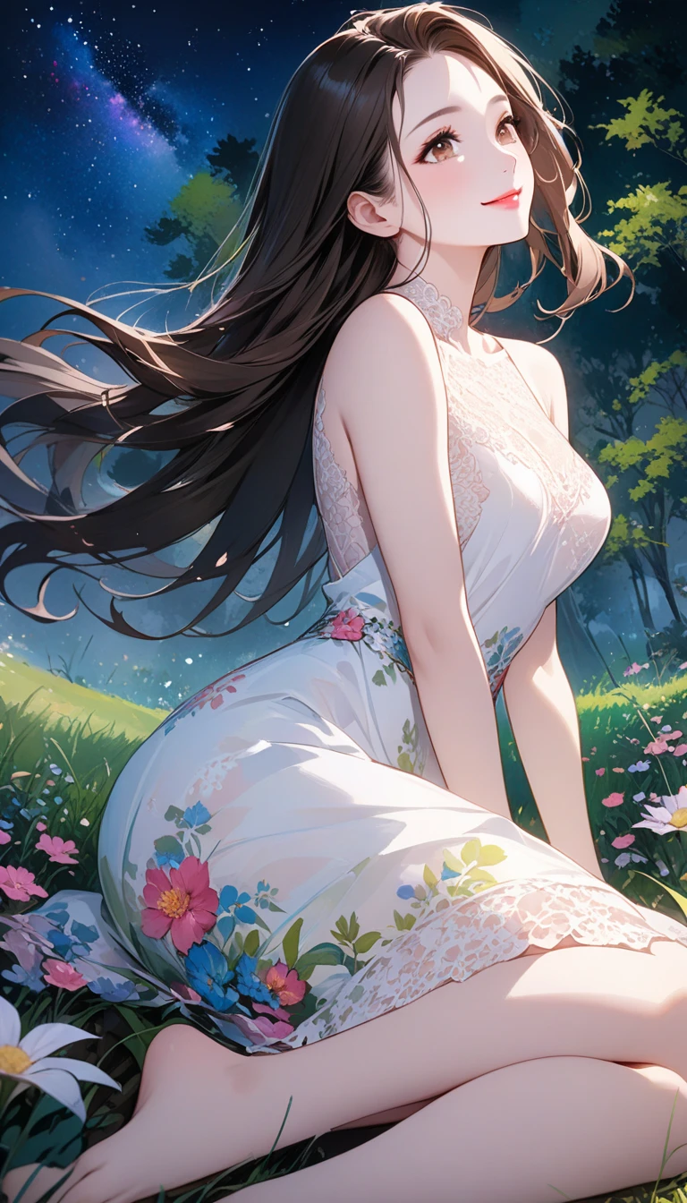 Amazing Chitanda, There is only one beautiful girl，Purple Eyes, Black Hair, Very red face，Very white skin，Glowing skin，Naturally straight hair, Straight bangs，Extremely refined，Open lips，Long flowing hair，Beautiful Girl, Like a dream，Slim，Slim waist，Soft, (Sensual), (Kawaii), Dream quality，Beautiful big breasts，Side Breast，White transparent dress，The clothes are completely transparent，Deep V neckline，Loose neckline，by the lakeside，Wind blows up skirt，Press and hold the skirt，Flying Butterflies，Cherry blossoms，no pants，Showing breasts，Show your buttocks，Show your thighs，Showing collarbone，Show your neck，Exposing the groin，No pants，extremely shy，Ultra-high resolution, (masterpiece:1.2, best quality), (Delicate and beautiful eyes: 1.2), (Beautiful and delicate face)