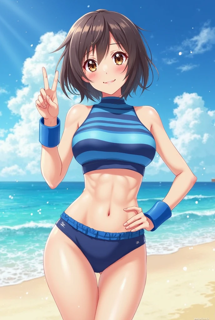 A woman wearing a separate swimsuit、Draw a scene of a person walking towards the sea on a beach with a swim ring。The excited expressions before entering the sea、The sparkling surface of the sea represents the joy of summer.。In the background、The horizon and sky in the distance are depicted.。