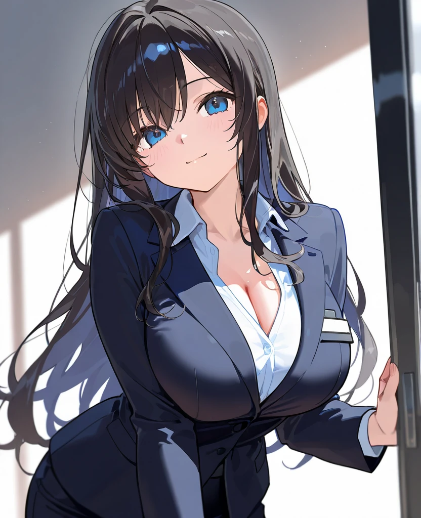 ((masutepiece, Best Quality)), ((hight resolution)), (photos realistic), Best Shadow, high detailing, Very detailed, (nice hand, Perfect hands), (Face Focus:1.2), ((1girl)), Beautiful Girl, 25 years old, blue eyes, (black long Hair:1.5), (normal breasts:1.3), (Smile:1.3), Glossy white skin, (view from front), (Very slender:1.3), (Cute face:1.3), (look at viewer:1.4), detailed facial features,droopy eyes, Crisp focus, perfect beautiful body and face, Perfectly focused, (standing:1.4), Long bangs, (in the airplane:1.4), (flight attendant:1.4), (enchanting smile:1.5), nsfw, cleavage