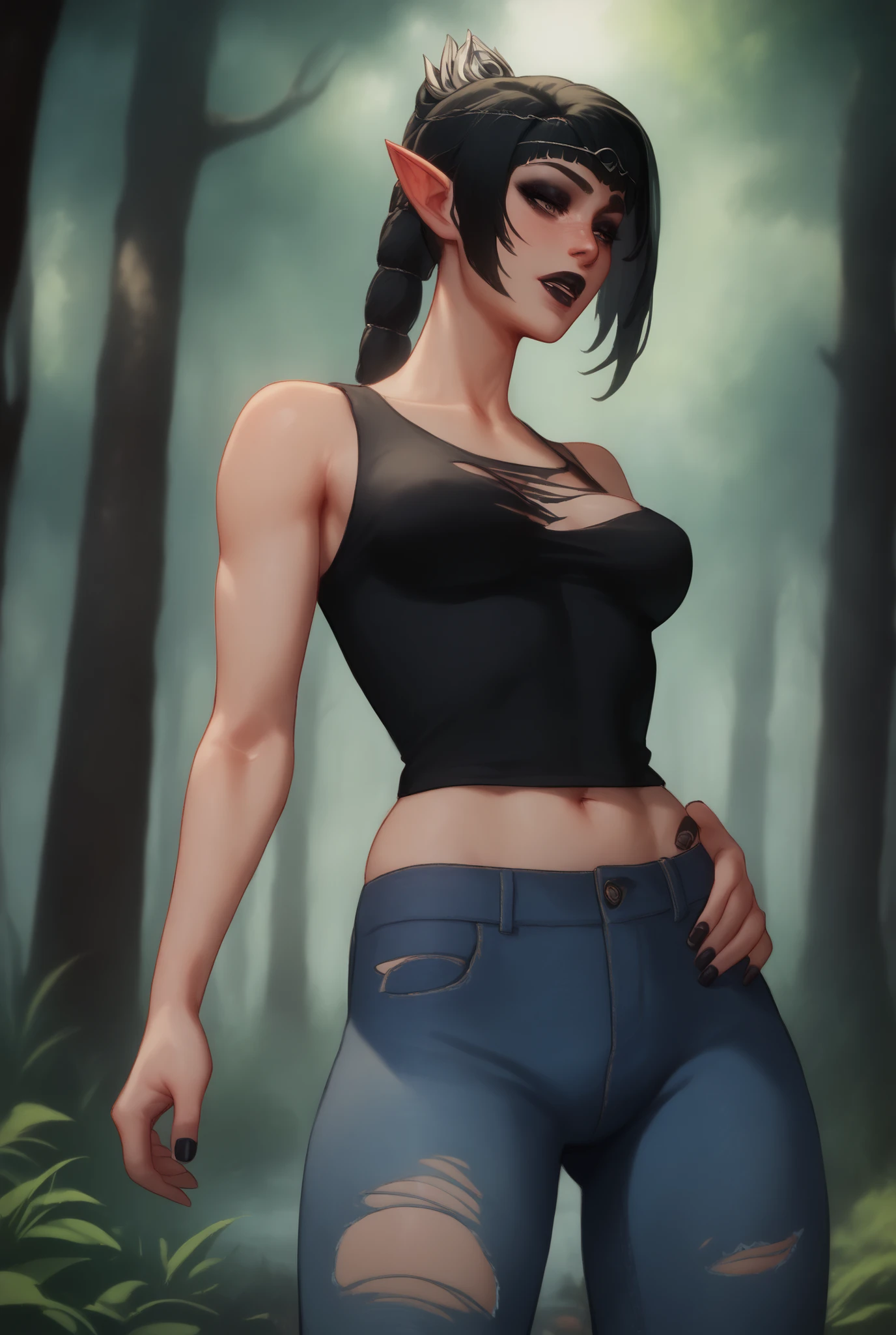 d&d character portrait, fantasy d&d character, character concept, elf character, as a d & d character, goth clothing, fishnets, (torn clothes), (jeans), (tank top), medium breasts, black hair, walking through forest, close up