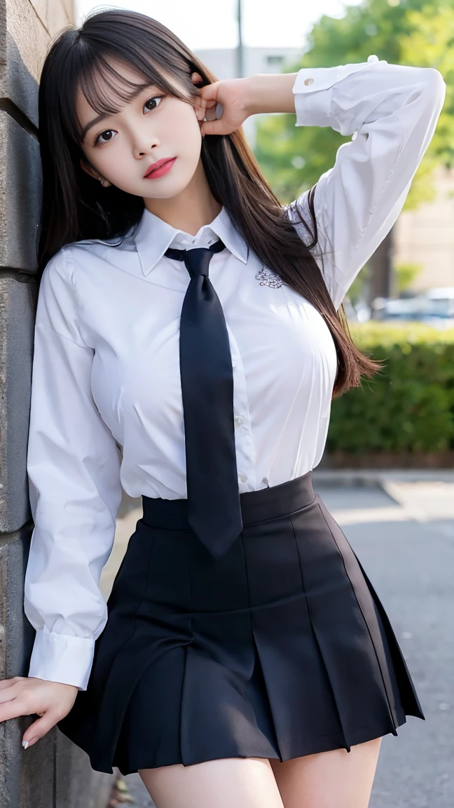 Realistic college girl in skirt and bow tie, (Wearing pantyhose), Japanese Models, (thighhighs and skirt), Young Sensual Gravure Idol, A smile、wearing honey - themed miniskirt, (Wearing cute panties)、Young skinny gravure idol, goddess of Japan, Young Pretty Gravure Idol, Realistic Young Gravure Idol, Raw photo, (in 8K、top-quality、masterpiece:1.2)、(intricate detailes:1.4)、(Photorealsitic:1.4)、realistic skin textures, Detail Face, Beautiful detail eyes, make - up, (detailedbackground:1.2), shinny skin、turned around、Exposed thighs!!!、Luxury high heels、