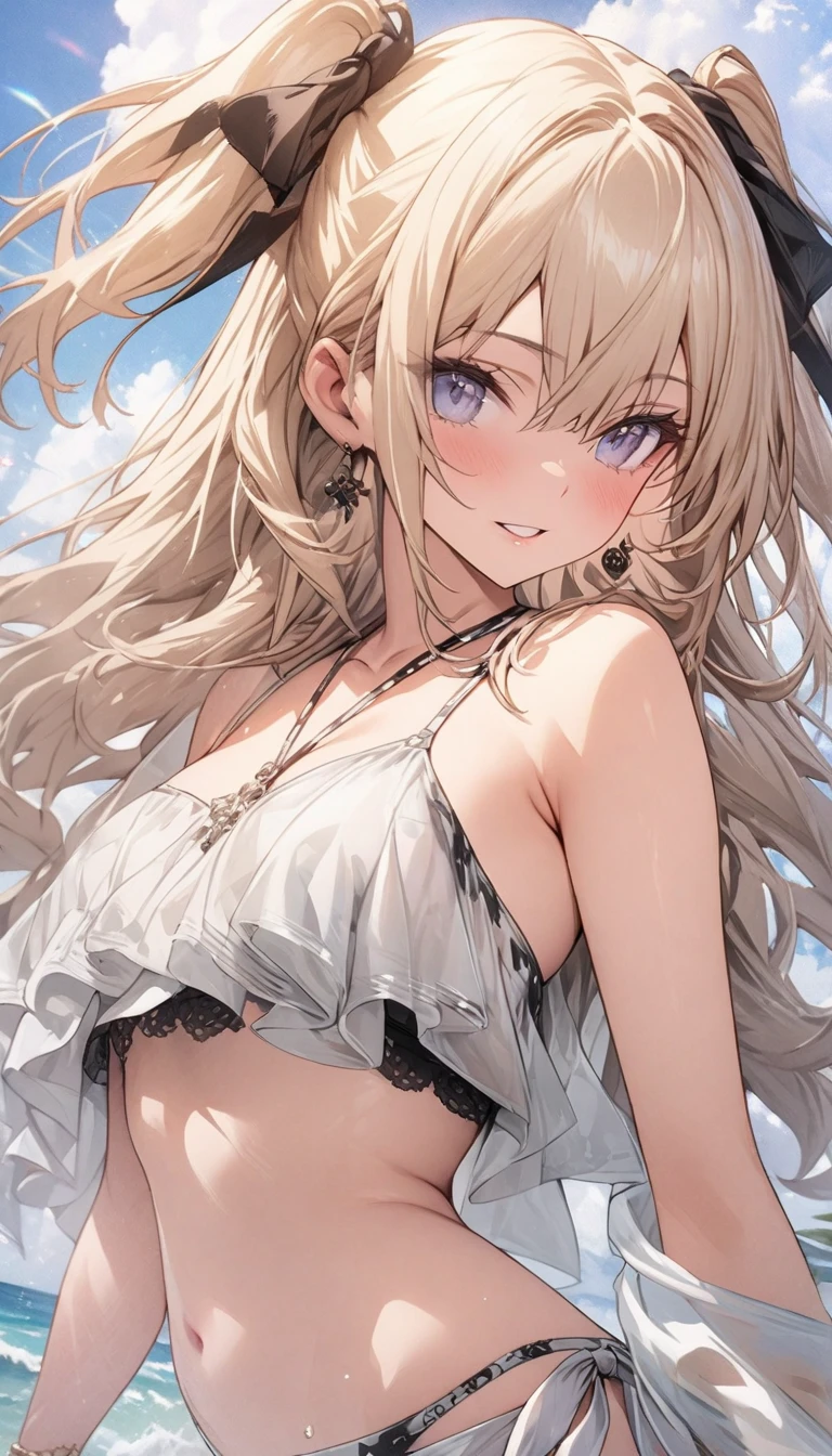 One beautiful anime girl, (best quality), boasting a perfect, detailed face, sporting brown skin and long, lustrous locks, is depicted in the image. She wears a deep V-neck top that reveals her bare shoulders, and a flowing skirt that accentuates her slim figure. The top of her head rests against her crossed arms as she places her (hands on the stomach), appearing both (starving) and slightly (embarrassed). Her expression speaks of her being a 20-year-old girl, radiant in her (shiny skin).