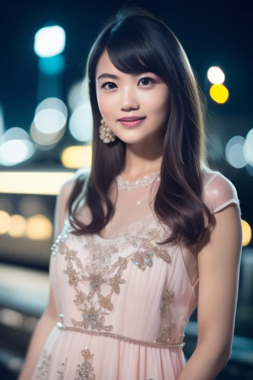 Portraits with a slow shutter speed Picture of a young Thai woman wearing a strapless dress Shiny surface reflects light Having fun in the glittering nightclub Slightly shaky image, background movement, bokeh lights trail, light reflecting into the front of the lens.