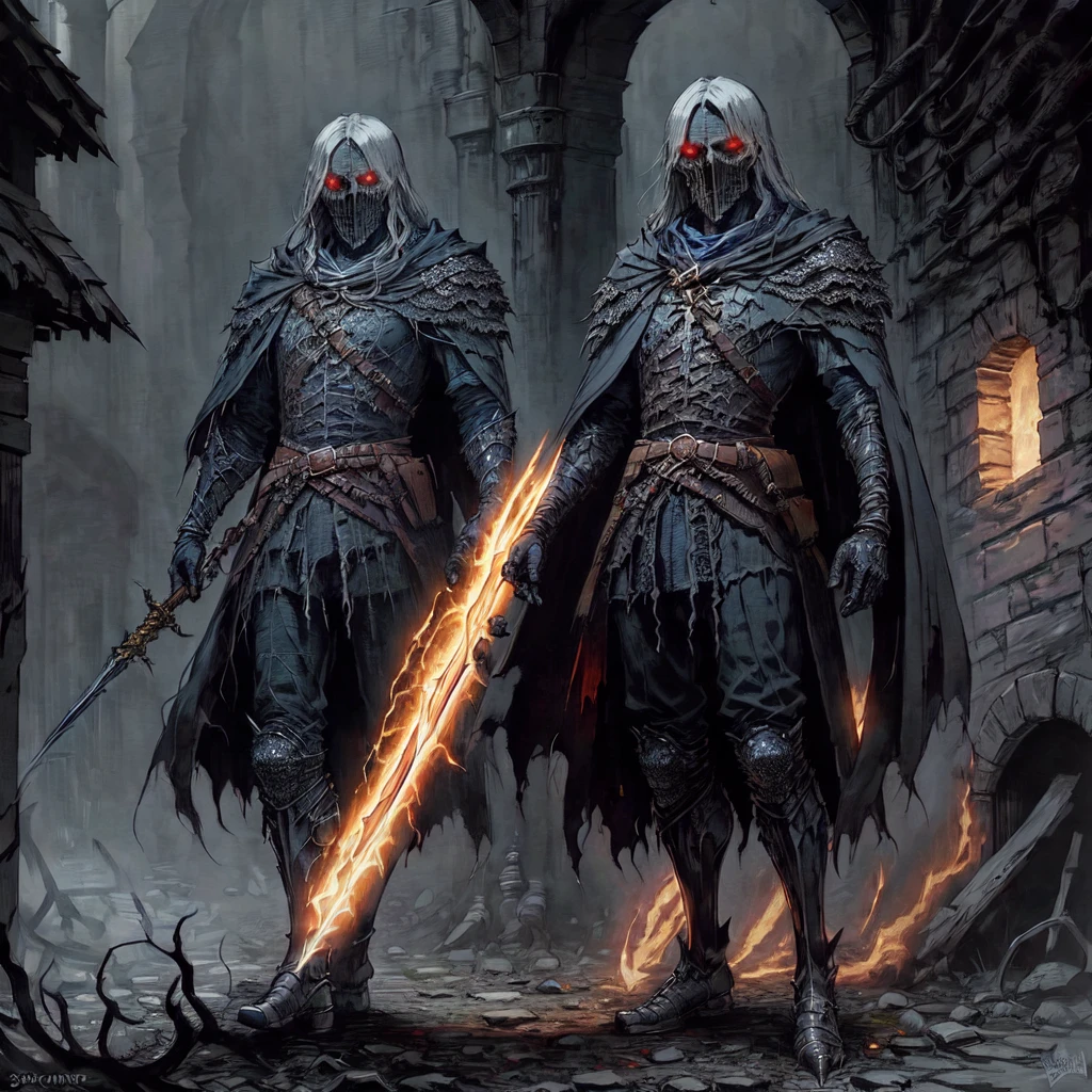 masterpiece, 1600s, (Night Shadow), young humanoid man, nature, horror, Pumpkinhead, Dark, hood, long blade, night time, cold, Glowing red eyes, outside, village